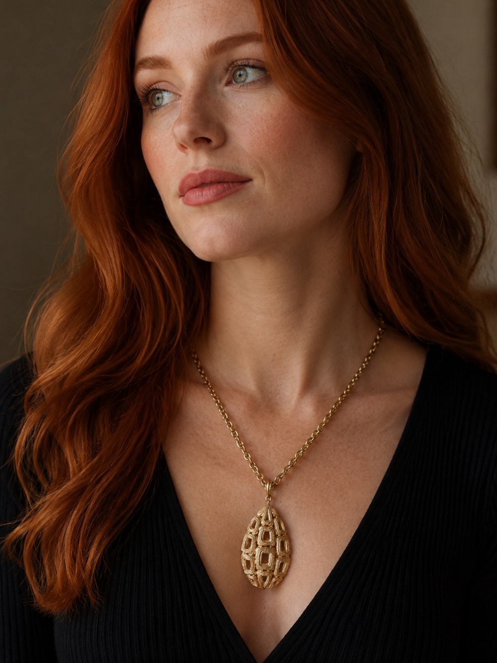 Elegant Gold Crown Trifari Pendant Necklace w/Chunky 31” Chain